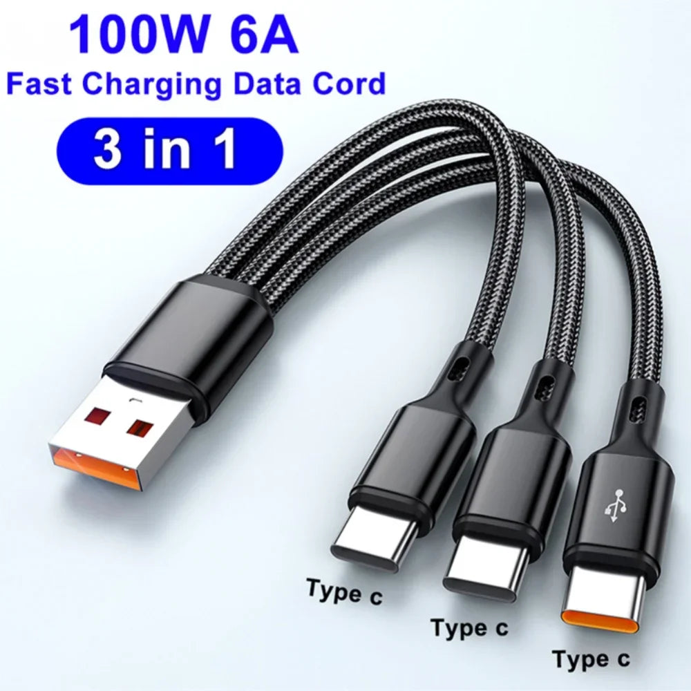 100W 3-in-1 USB to Triple USB-C Cable 6A Fast Charge