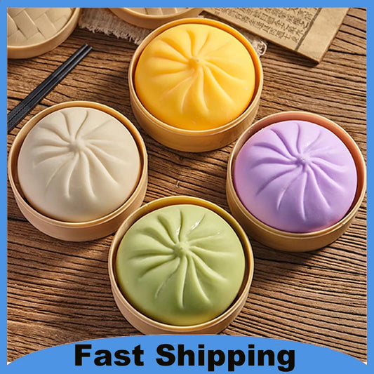 Colorful Dumpling Squishes Stress Balls Fidget Sensory Toys Simulation Food Squishies Bun with Steamer Squeeze Dough Ball Gifts Peaceful Pleasures Health and Wellness
