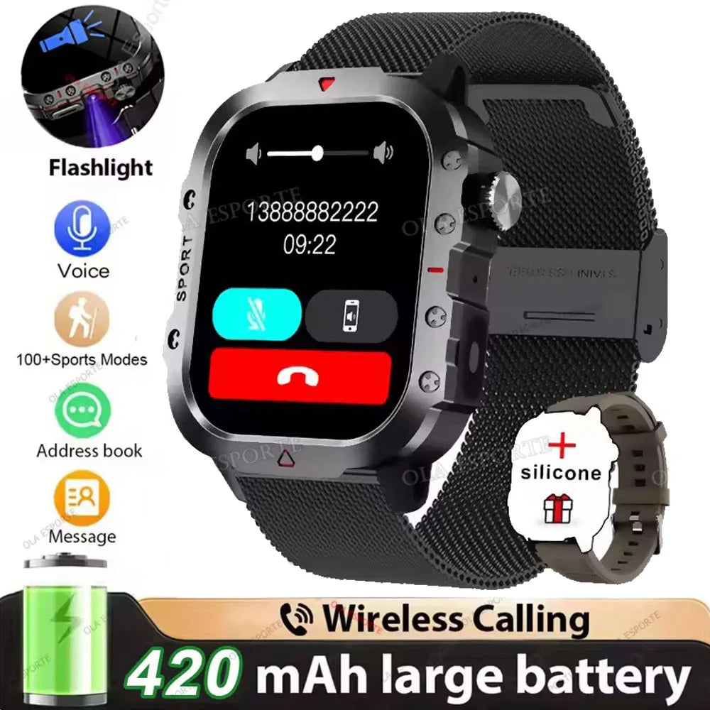2026 Outdoors Durable Men Sports Smart Watch 1400mAh Battery LED Flashlight Waterproof Bluetooth Call Military Smartwatchs HW12 Peaceful Pleasures Health and Wellness 2.01 Br22BkMilan Smartwatch