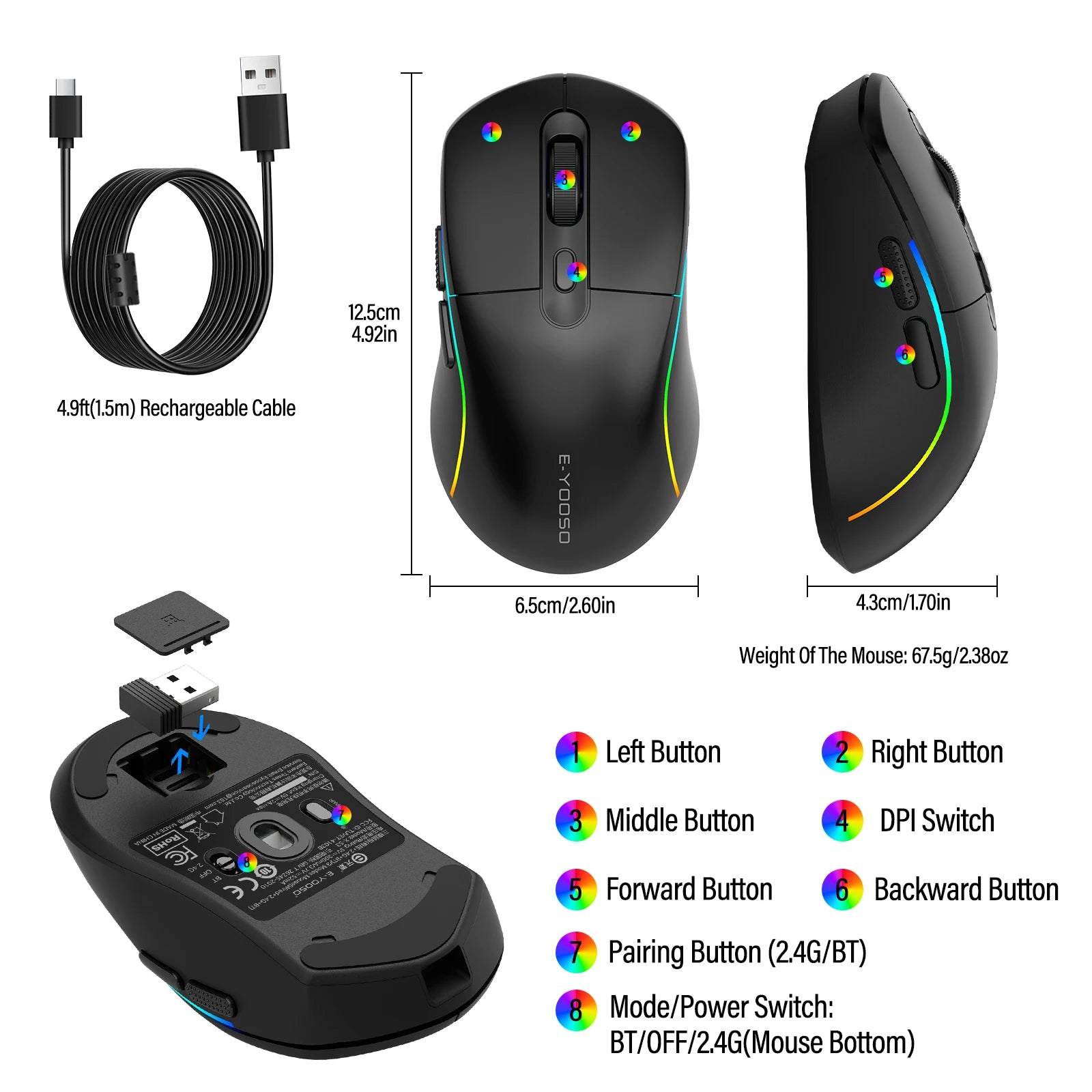 E-YOOSO Wired 2.4G Wireless Tri-Mode RGB Gaming Mouse, 4000DPI Rechargeable with Sleep Mode For PC Computer iPad Laptops Peaceful Pleasures Health and Wellness