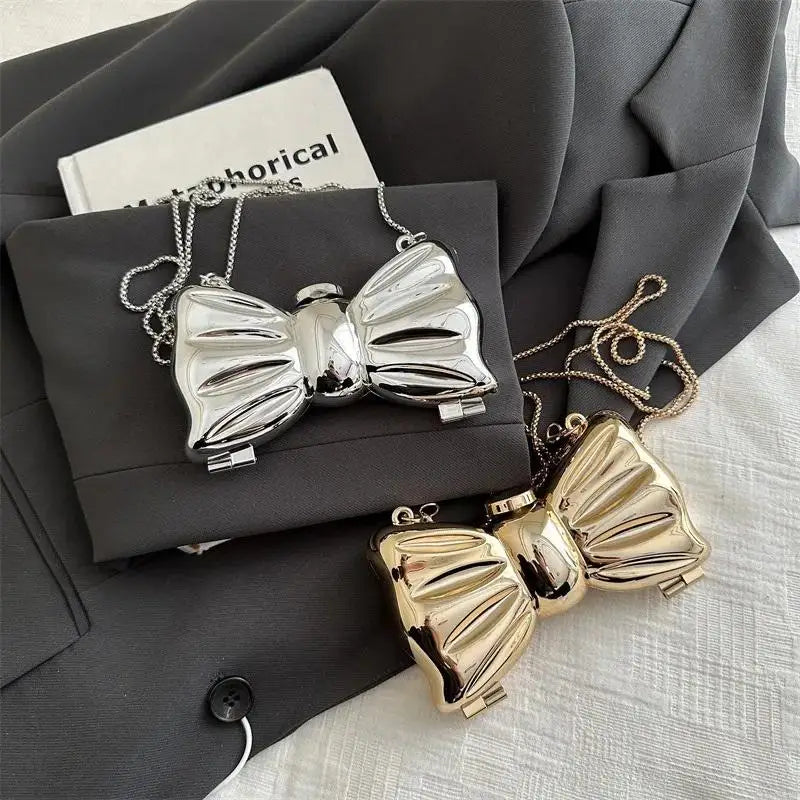 Metal Mini Crossbody Bag | Acrylic Bow Clasp & Chain Strap