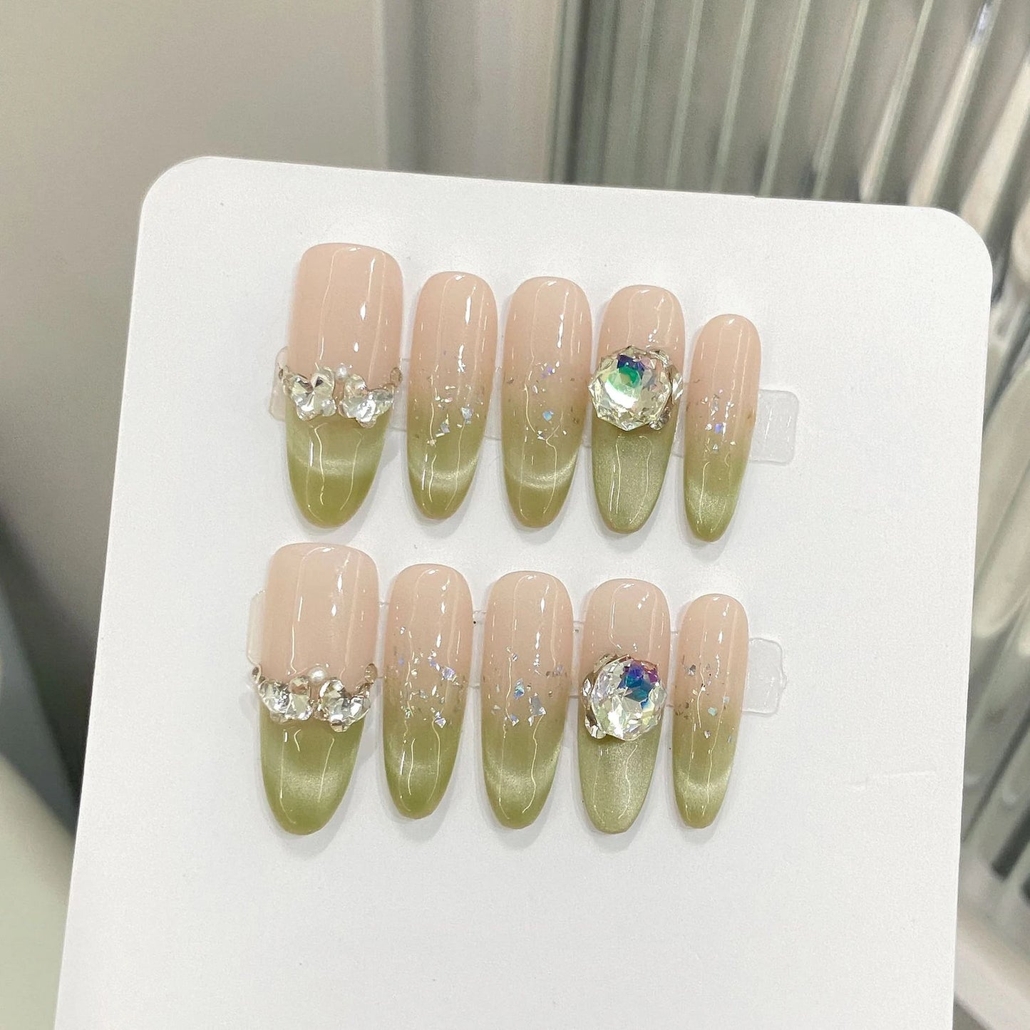 Press On Nails Matcha Green Cat Eye Rhinestones Long Oval 10pcs