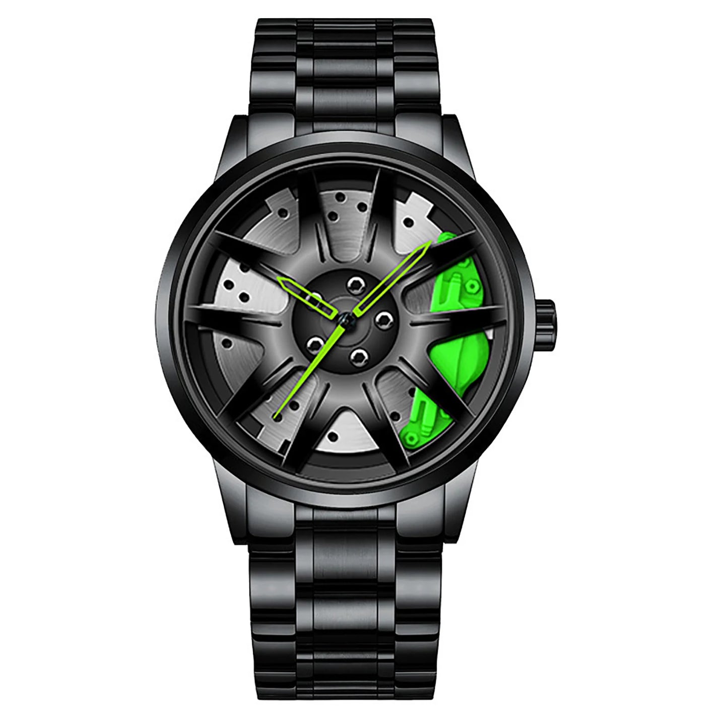 Business Luxury Quartz Watch Car Sport Rim Automatic Movement Round Dial Clock Watches Machinery Men Sport Watch Peaceful Pleasures Health and Wellness C Green Steel Strip