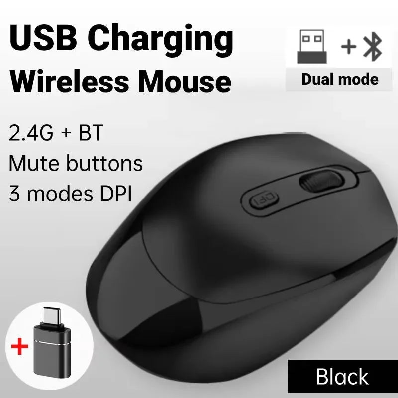 Wireless Mouse Rechargeable Gamer Mouse Dual Modes Bluetooth-compatible 2.4G USB Mute Mice For Laptop Pad Tablet Macbook Mause Peaceful Pleasures Health and Wellness Black with OTG