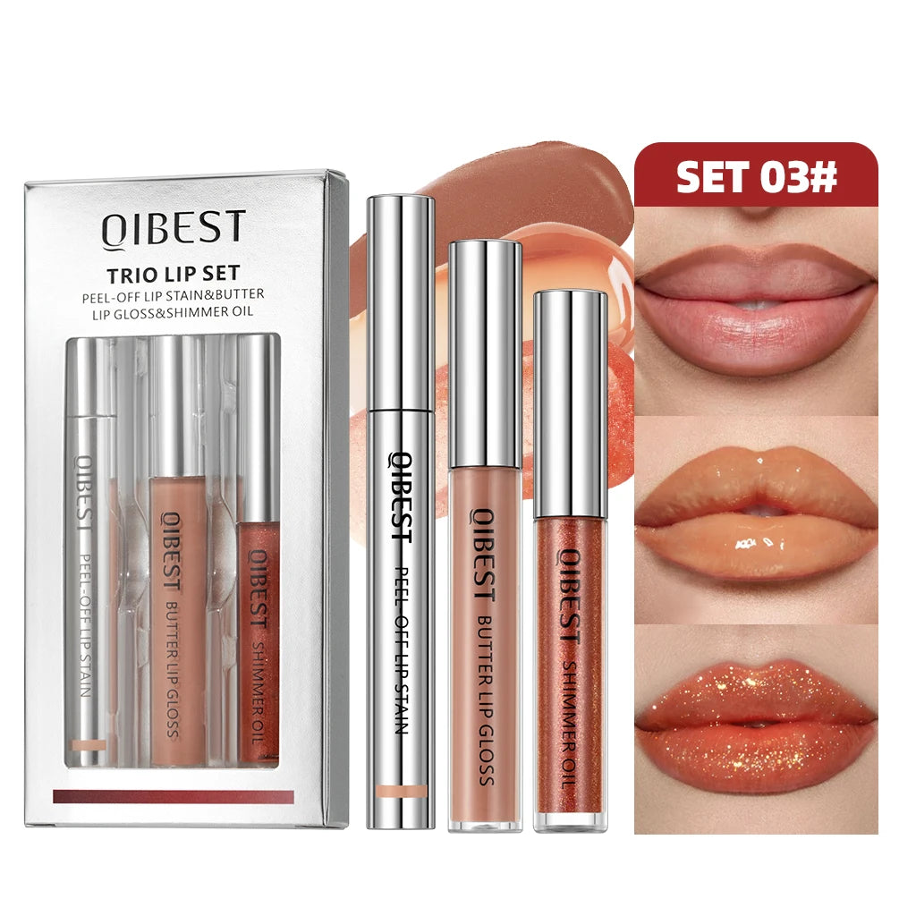 QIBEST 3pcs Multifunctional Makeup Sets Peel Off Lip Stain,Lip Glaze,Shimmer Lip Oil Long Lasting Lip Gloss Tint Cosmetics Kits Peaceful Pleasures Health and Wellness SET 03