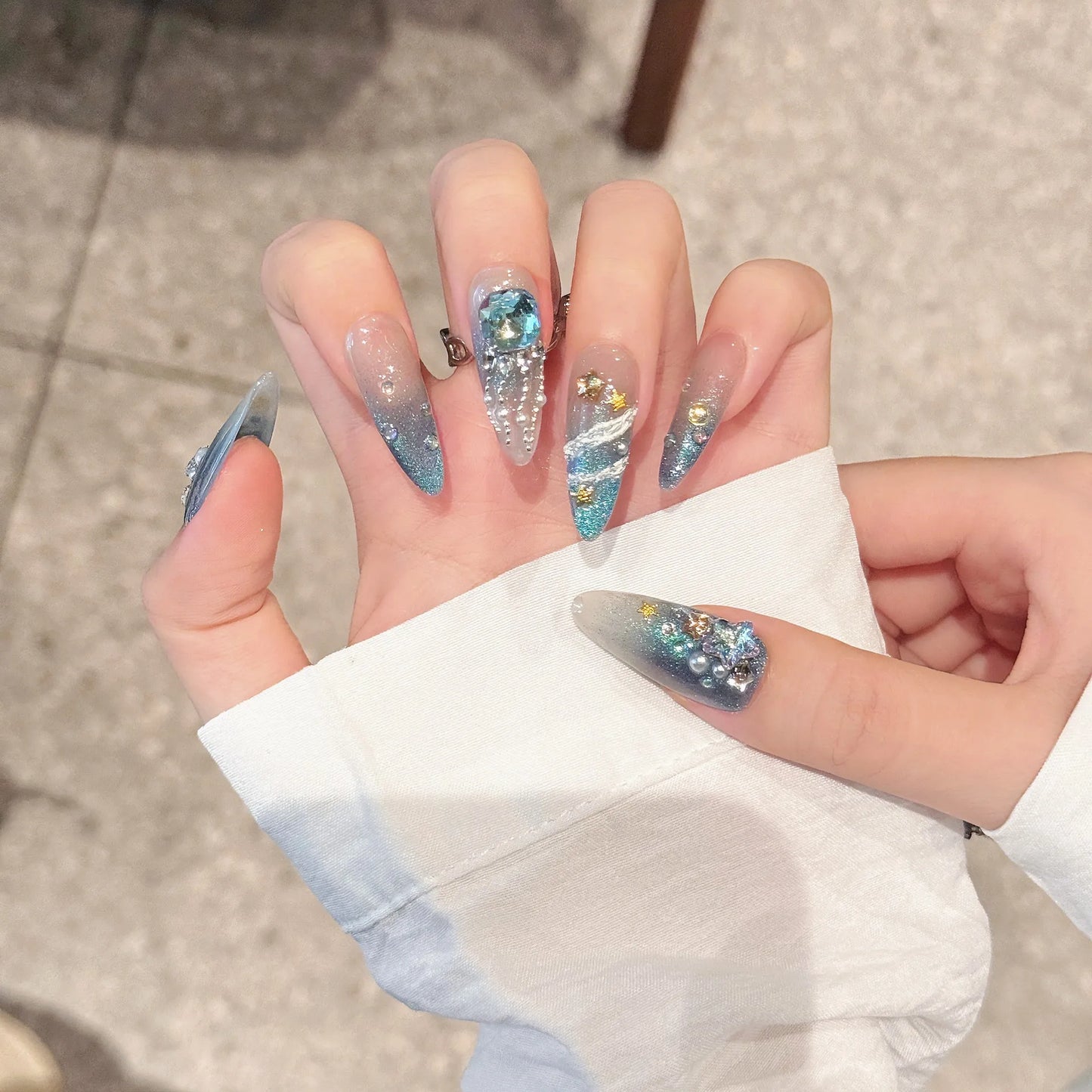 Handmade Press on Nails Blue Ocean White Swan Lake Shiny Fake Nail Tips Wearable Detachable Glitter Cat Eye Fairy False Nails Peaceful Pleasures Health and Wellness