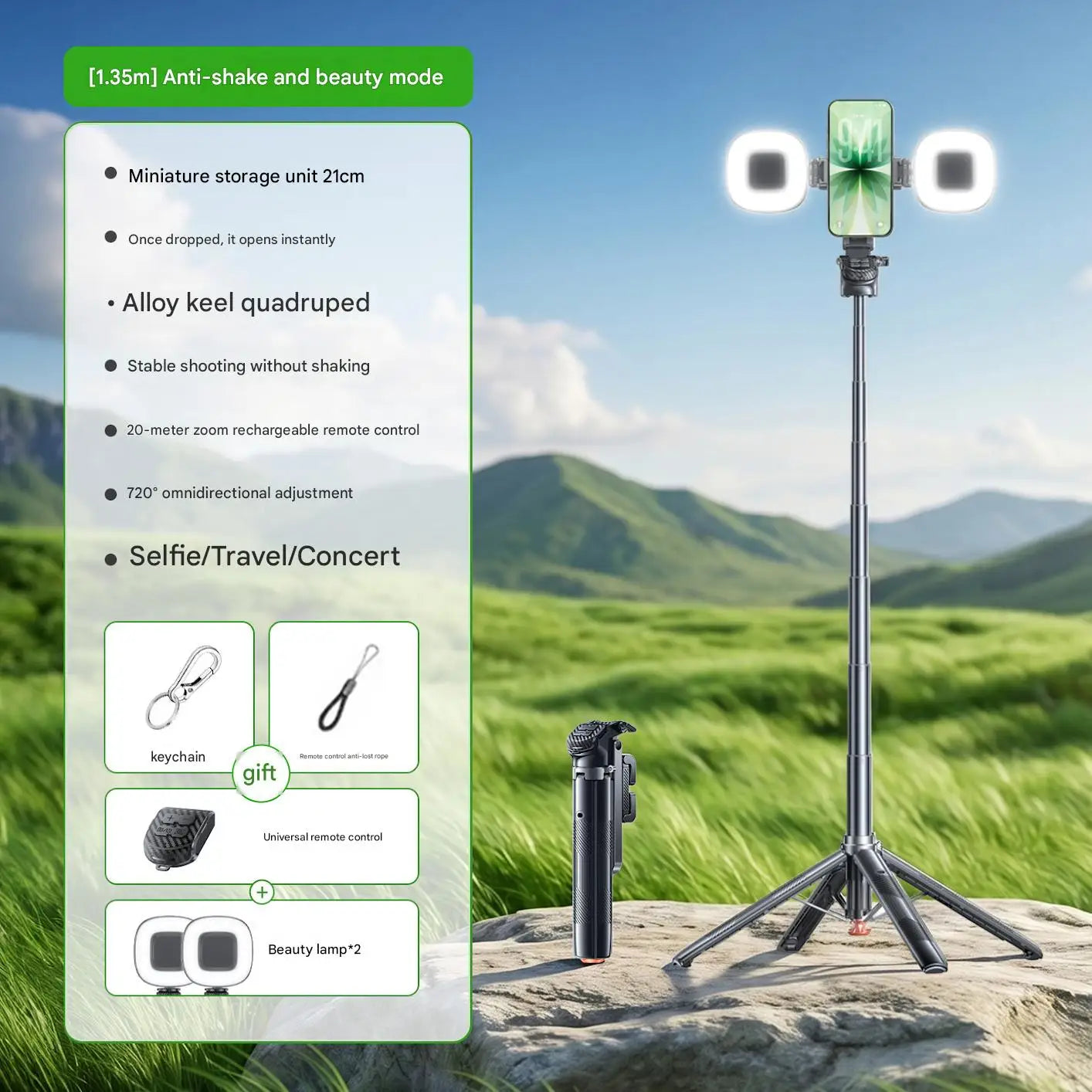 1.35m Selfie Stick Tripod | Bluetooth Remote & Auto Phone Holder Peaceful Pleasures Health and Wellness T35-H2