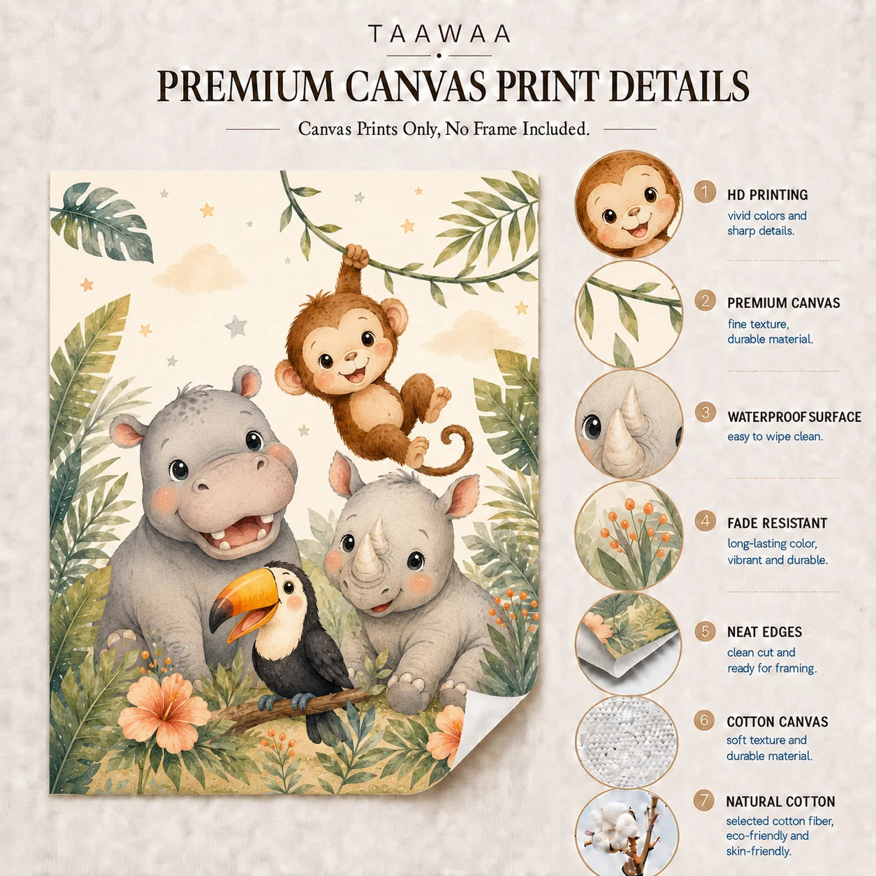 Jungle Animals Wall Art Safari Wildlife Canvas Painting Cute Cartoon Poster Print For Kids Room Nursery Wall Decor Peaceful Pleasures Health and Wellness