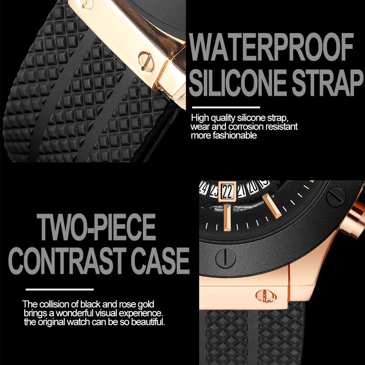 Black Silicone Mens Hand 46mm Hollowed Out Large Dial Rose Gold Fashionable Military Style Original Quartz Movement Sports Watch Peaceful Pleasures Health and Wellness