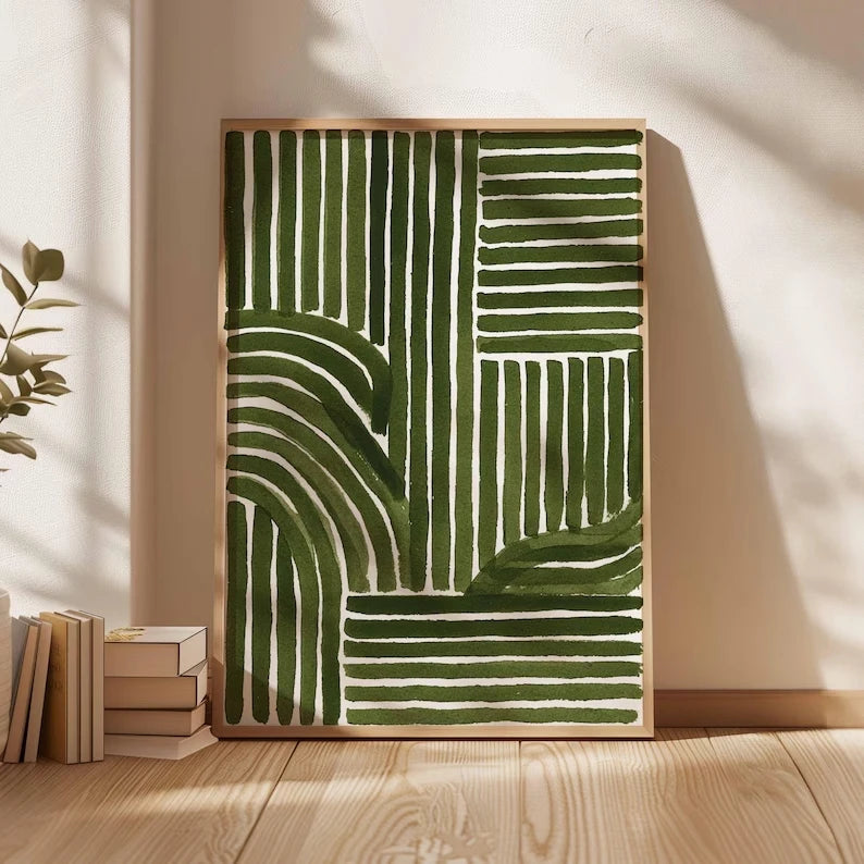 Modern Green Abstract Line Canvas Wall Art Print | Home Decor
