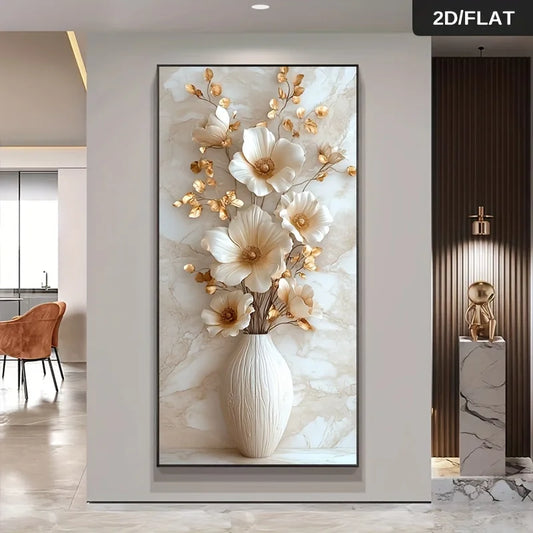 Modern Floral Canvas Wall Art – Beige & Gold Vase Flowers Print Canvas Wall Art Peaceful Pleasures Health and Wellness ZLH7171 20x40cm No Frame