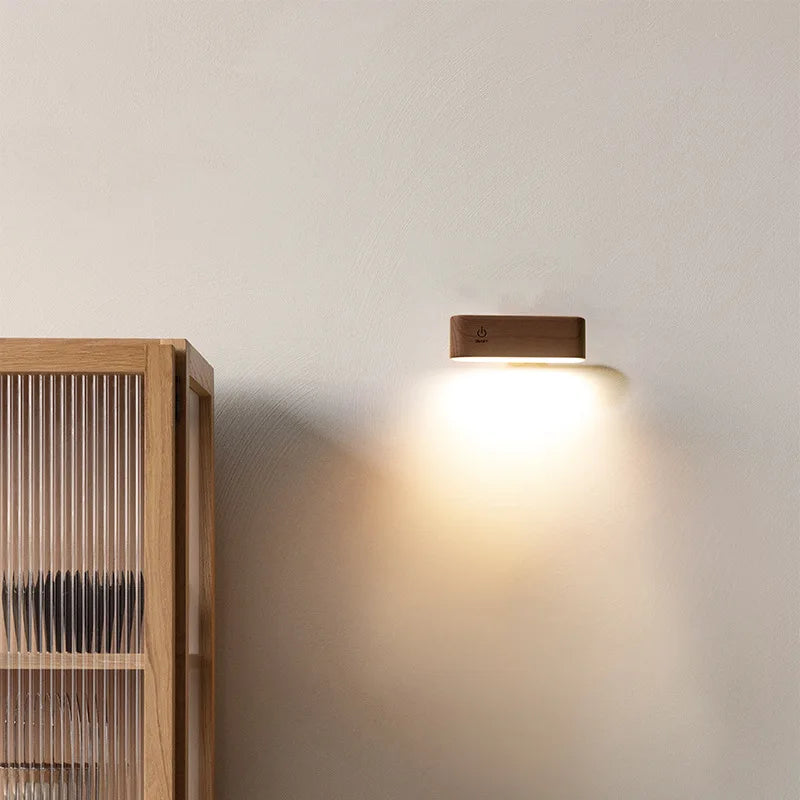 LED No-Drill Wireless Wall Lamp | Modern Wood Bedside Light