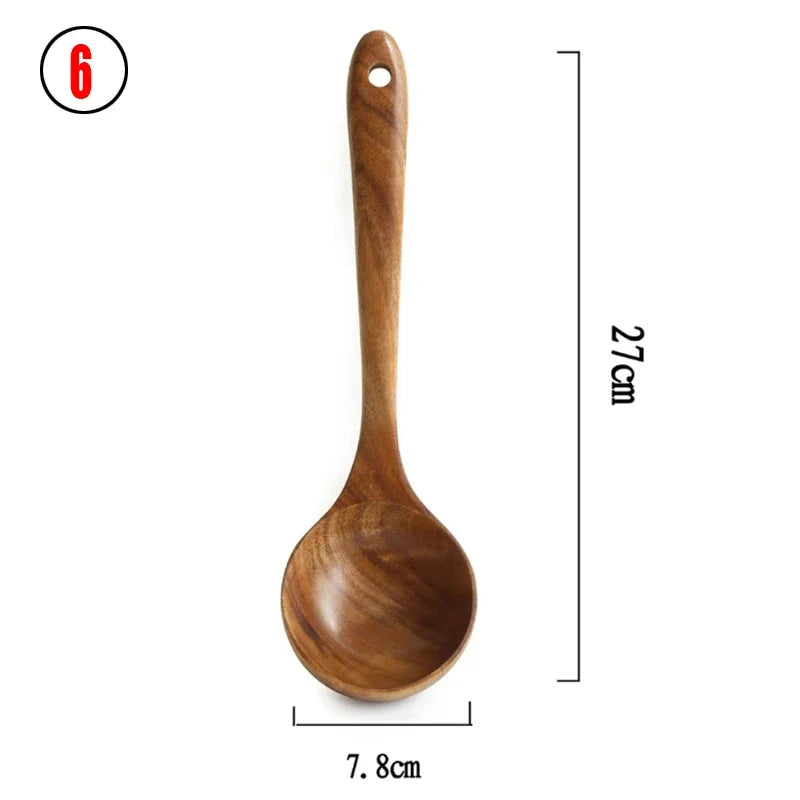7pcs/set Teak Natural Wood Tableware Spoon Ladle Turner Rice Colander Soup Skimmer Cooking Spoon Scoop Kitchen Reusable Tool Kit Peaceful Pleasures Health and Wellness 6