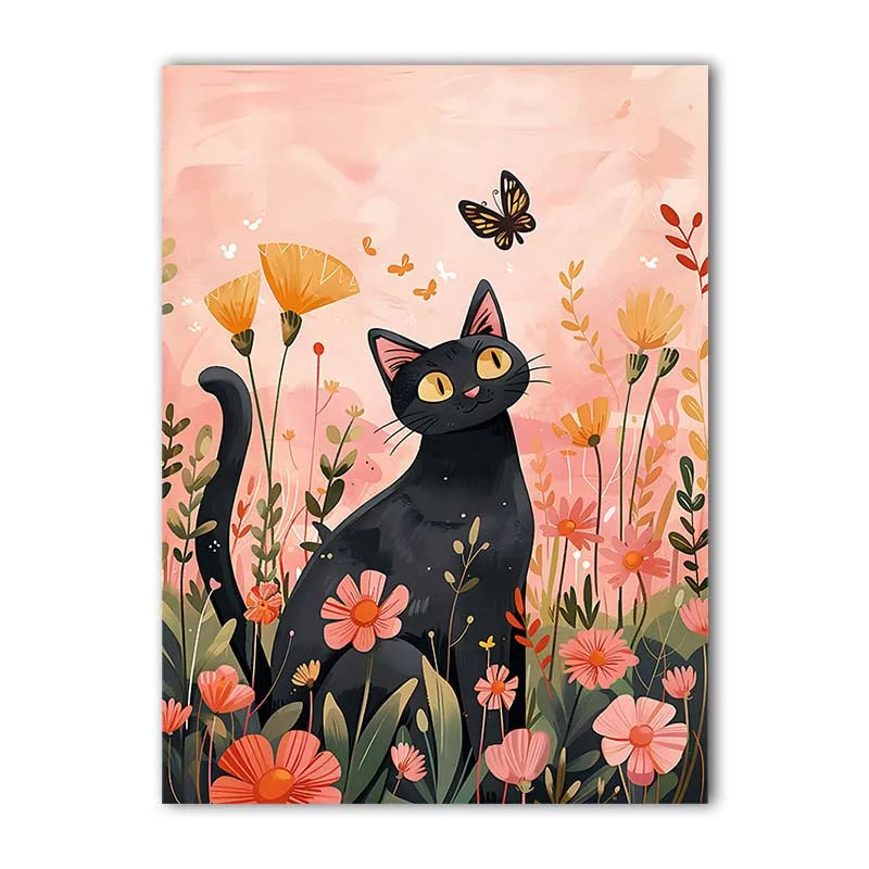 Nordic Wall Art Cute Black Cat Playing with Flowers Canvas Painting Modern Style Poster Prints Bedroom Living Room Wall Decor Peaceful Pleasures Health and Wellness 02 30x40cm No Frame China Mainland