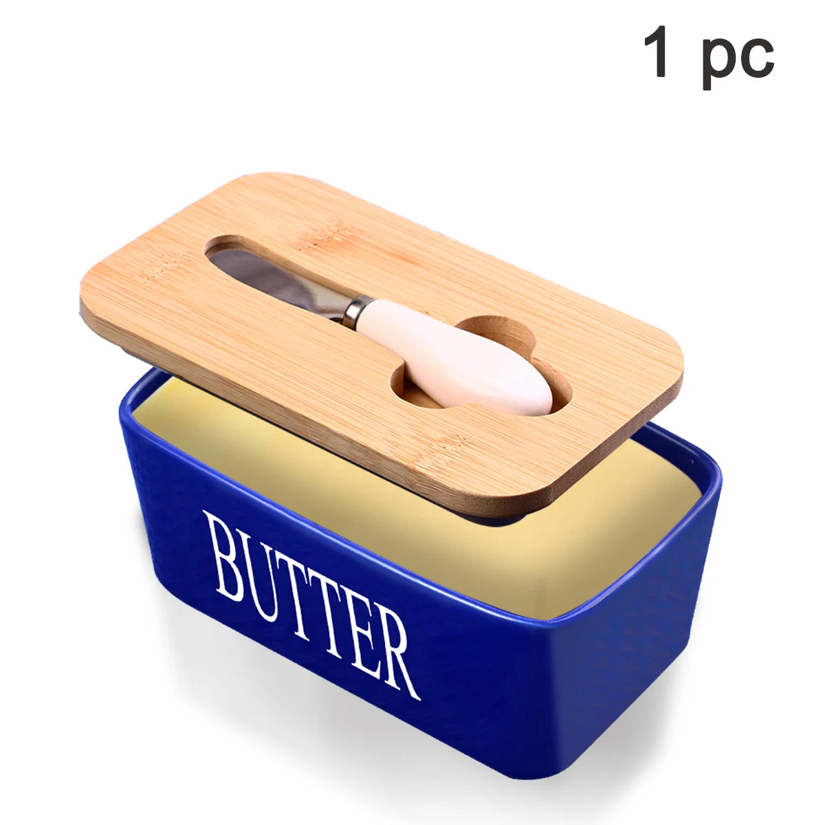 1 Set Of Ceramic Butter Dish With Bamboo Lid And Built-In Knife Butter Keeper With Double Silicone Sealing Ring Kitchen Peaceful Pleasures Health and Wellness Sea Blue United States