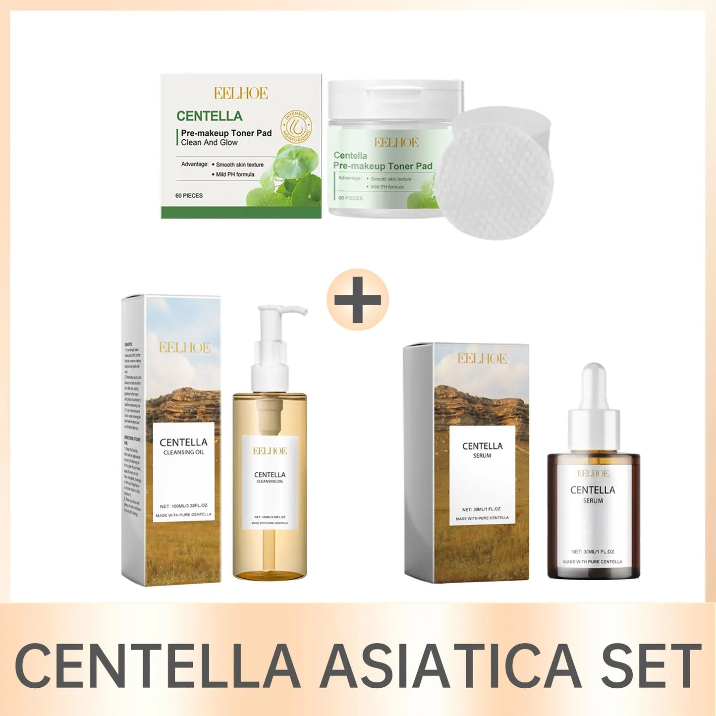 Eelhoe Centella Skincare Set – Toner Pads, Cleansing Oil & Serum