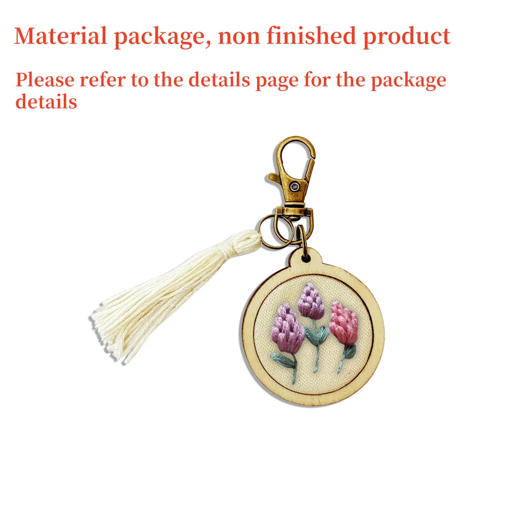 Mini Embroidery Keychain Accessory Set Embroidered Ring Frame Wooden Pendant Hand Embroidered DIY Keychain Handmade Material Kit Peaceful Pleasures Health and Wellness 10