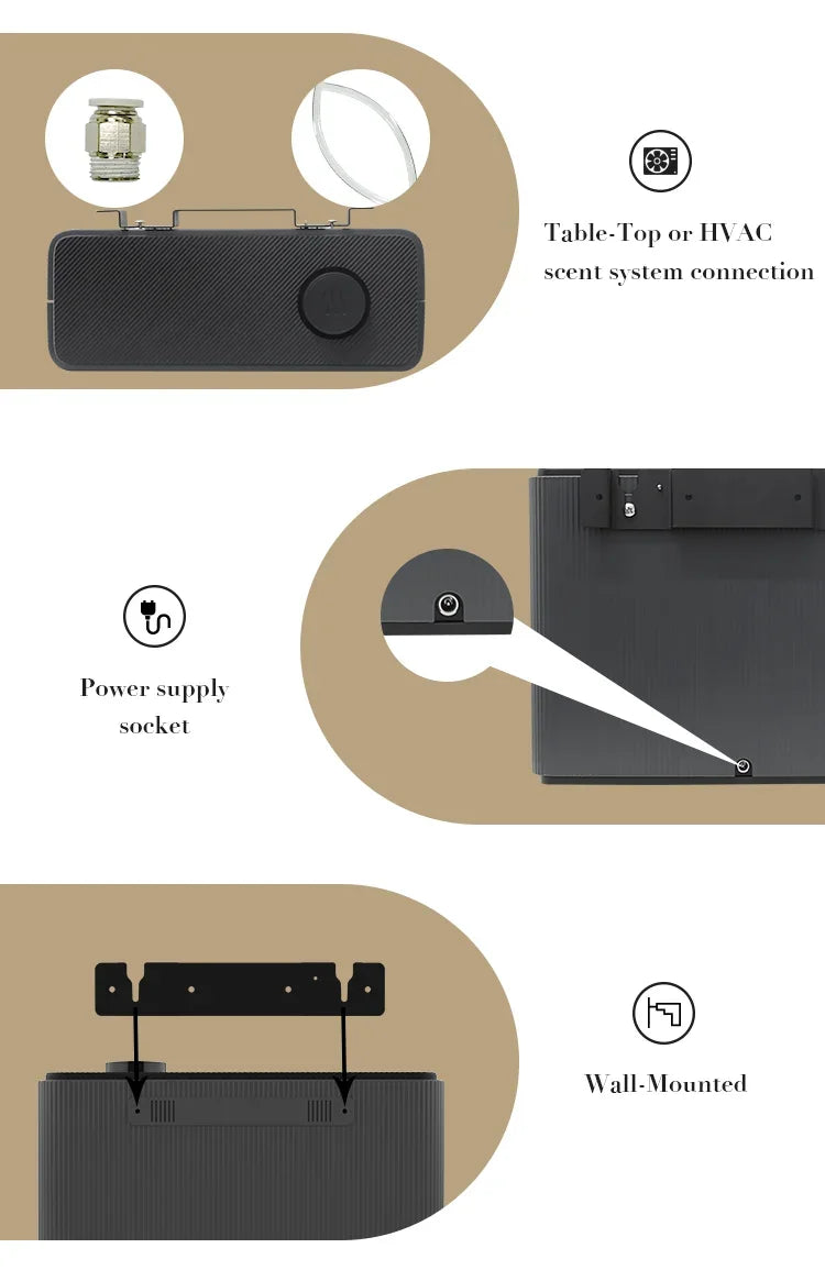Diagram showing different mounting options for a device with labels for table-top, HVAC connection, power supply socket, and wall-mount.