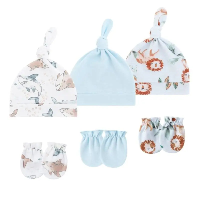 3-Set Cotton Newborn Baby Hats & Scratch-Proof Mittens | 0–3M