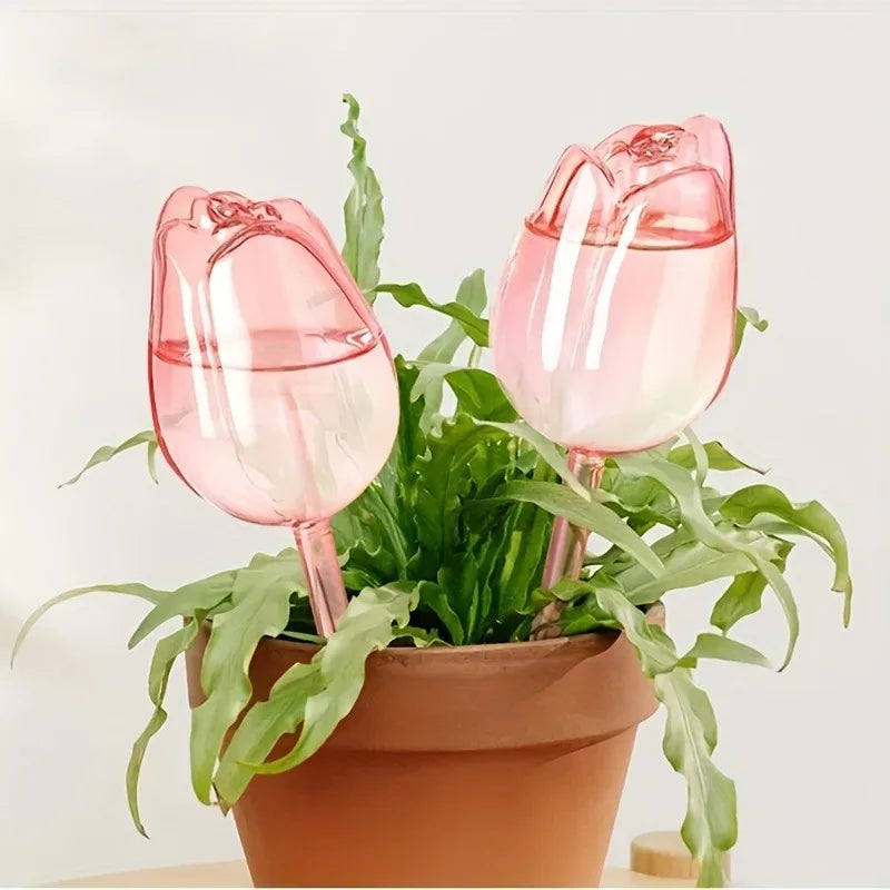 Pink Tulip Watering Globes – Automatic Self-Watering Plant Spikes