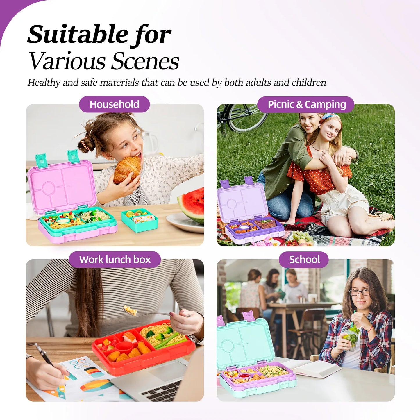 Food Grade Portable Lunch Box Lunchbox School Microwave heating Children Cartoon Bento High-capacity Kid Double Buckle Lunch Box Peaceful Pleasures Health and Wellness