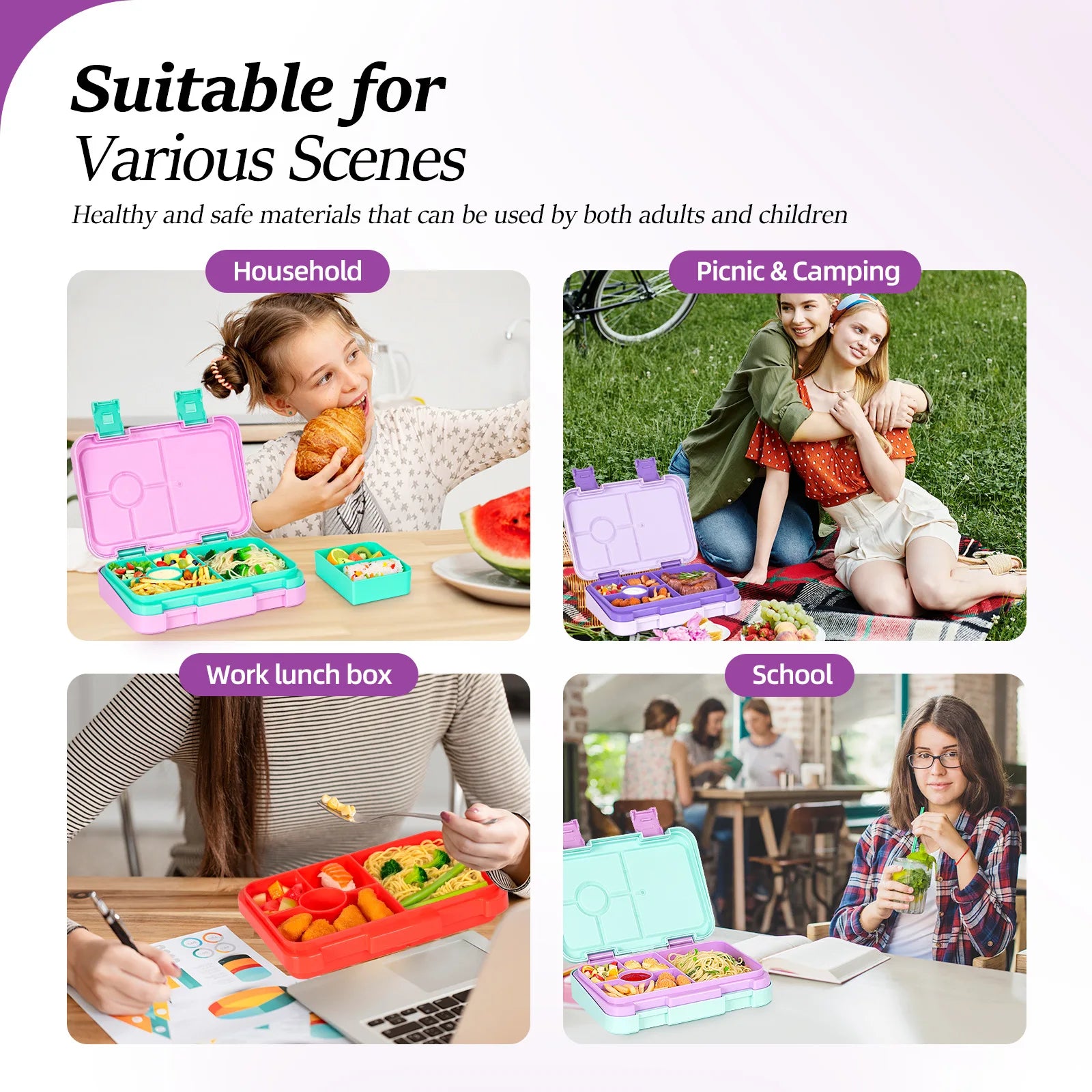Food Grade Portable Lunch Box Lunchbox School Microwave heating Children Cartoon Bento High-capacity Kid Double Buckle Lunch Box Peaceful Pleasures Health and Wellness