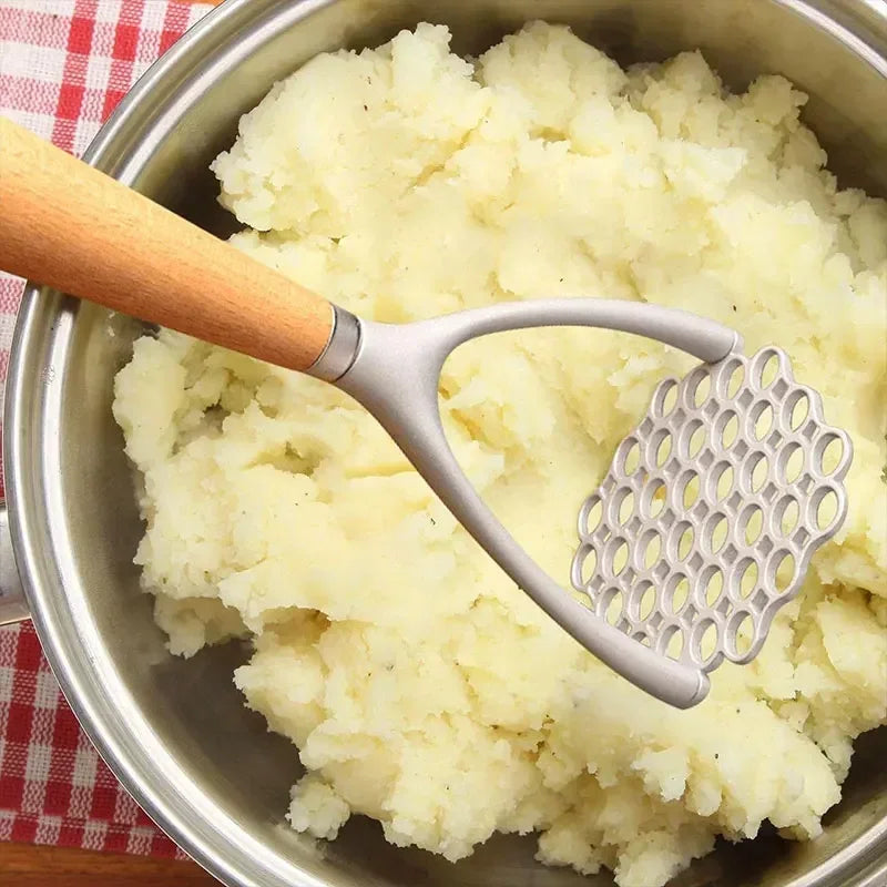 Aluminum Manual Potato Masher Meat Potato Pressor Tool Whisk Food Cutter Crusher Wood Handle Garlic Pusher Kitchen Gadgets Peaceful Pleasures Health and Wellness