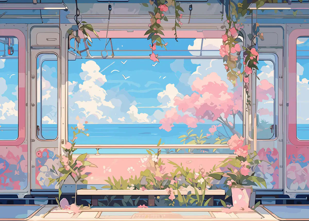 Aestheticism Anime Scenes Posters Sakura Tram Train Ocean View Landscape Prints Canvas Painting Wall Art Picture for Home Decor Peaceful Pleasures Health and Wellness SKU-16 20x30cm Unframed