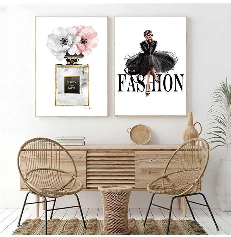 Nordic Canvas Wall Art – Black Dress & Perfume Flower Print Canvas Wall Art Print Peaceful Pleasures Health and Wellness