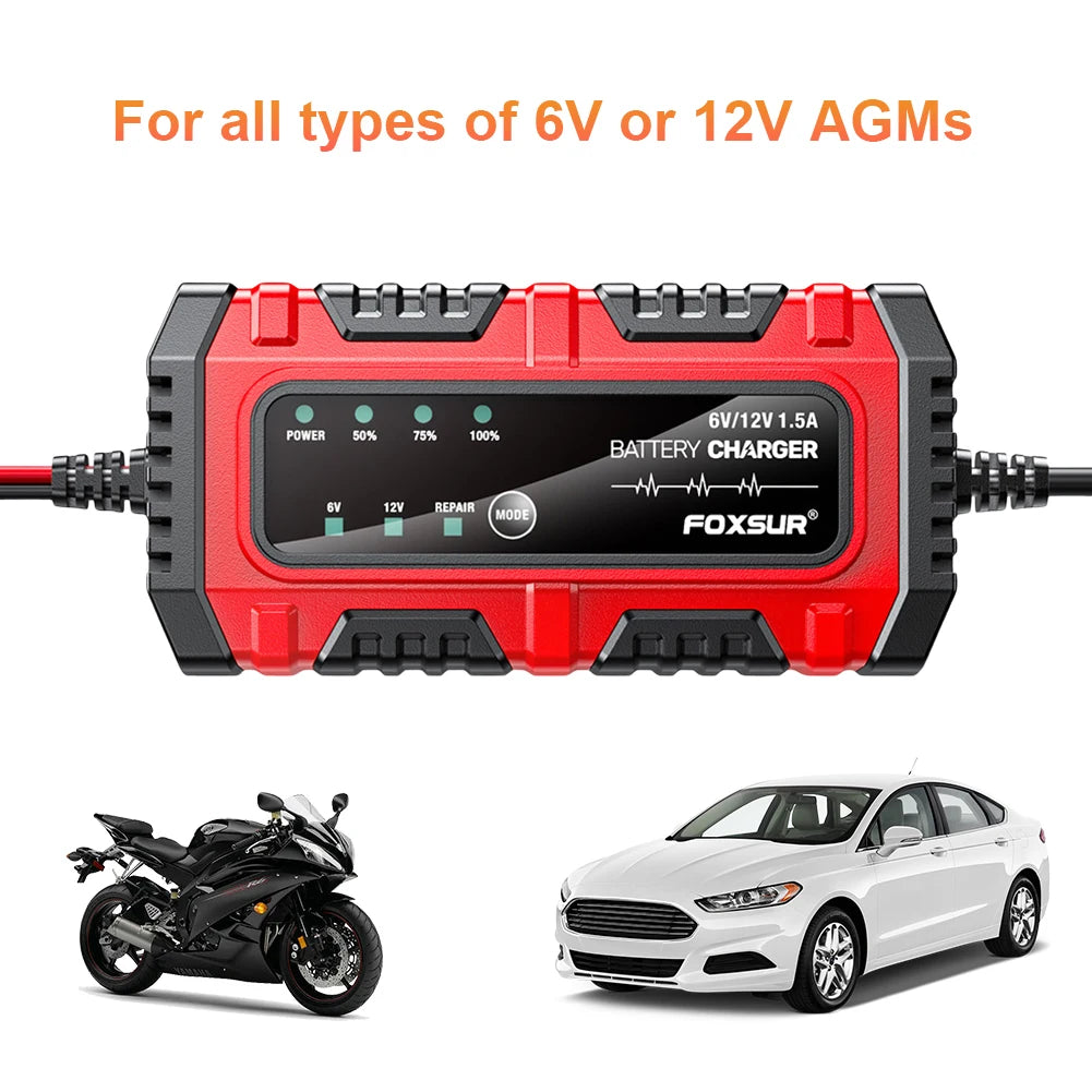 6V 12V 1.5A Smart Charger Car and Motorcycle Battery Charging Unit for Car Truck Boat SUV Lead-Acid AGM GEL Batteries Peaceful Pleasures Health and Wellness