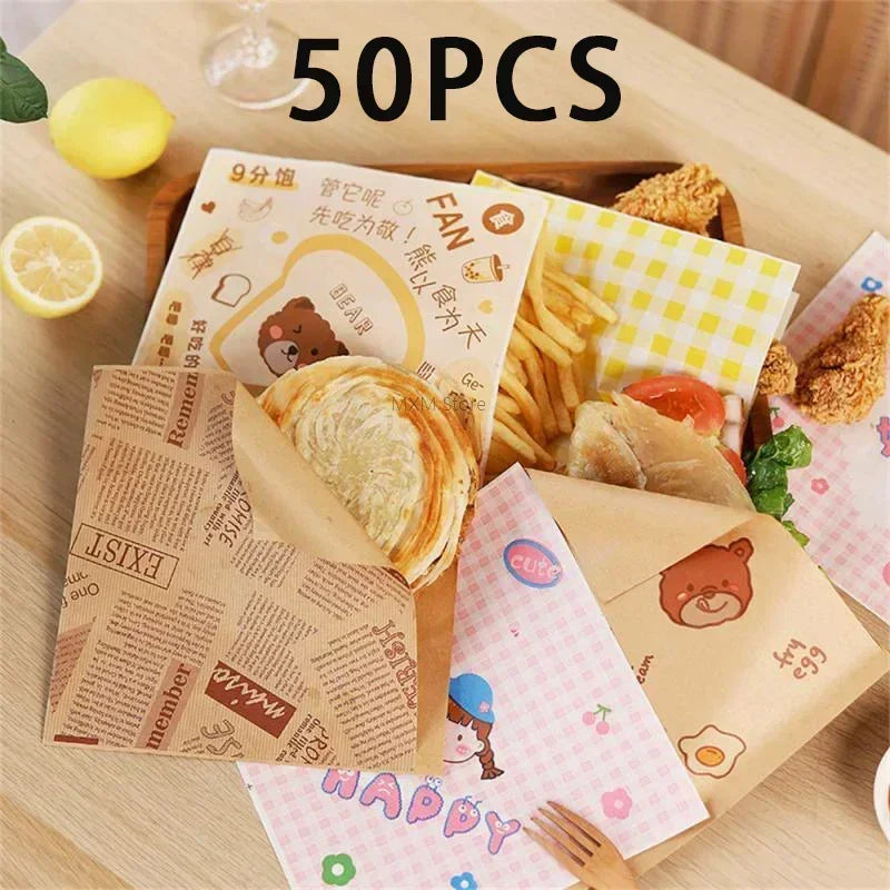 Disposable Wax Food Wrappers for Sandwiches & Burgers – 50 Pcs