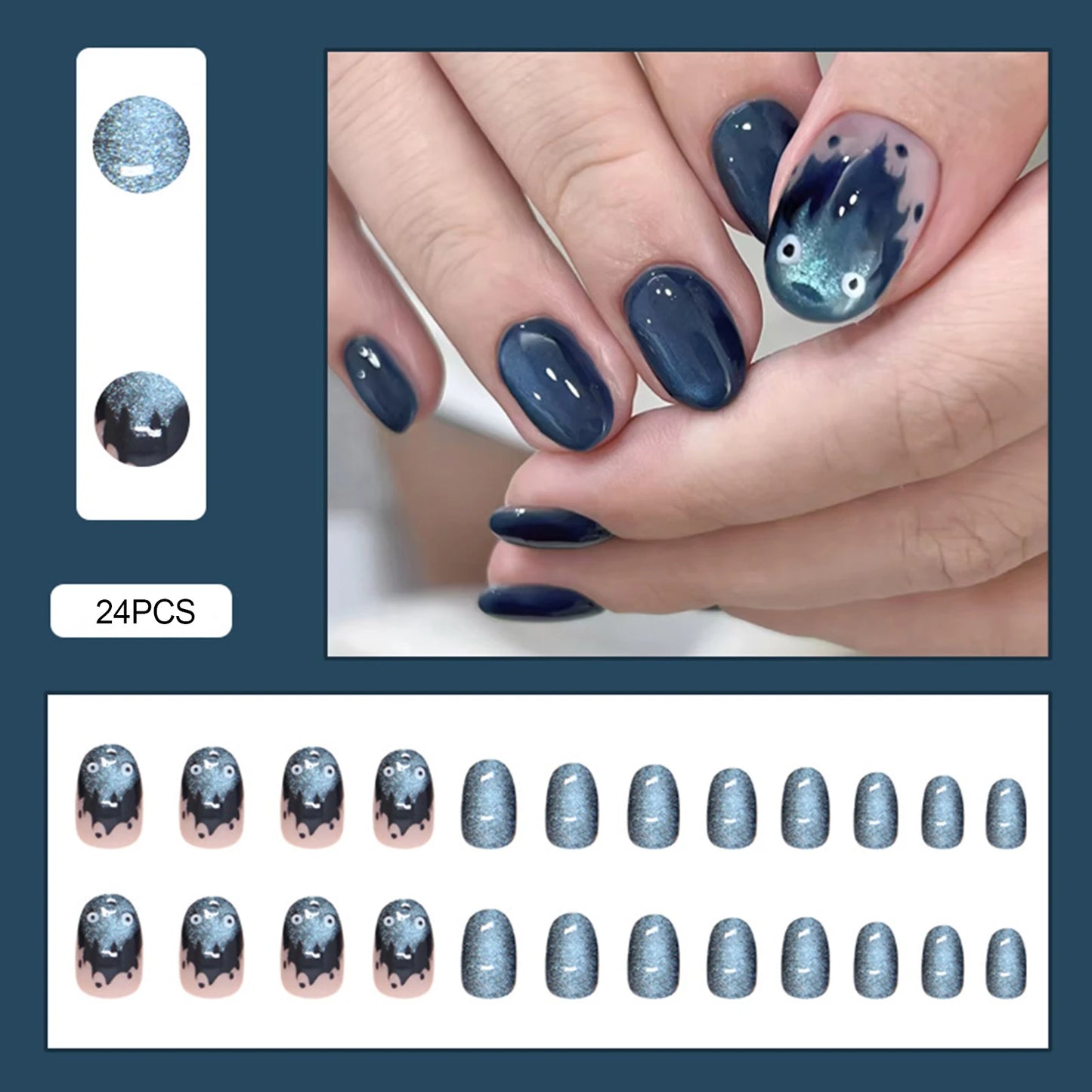 24PCS Blue Cat Eye False Nails Short Round Cute Press on Nails Wearable Full Cover Ins Flowers Pattern Fake Nail Tips for Girls Peaceful Pleasures Health and Wellness Z1