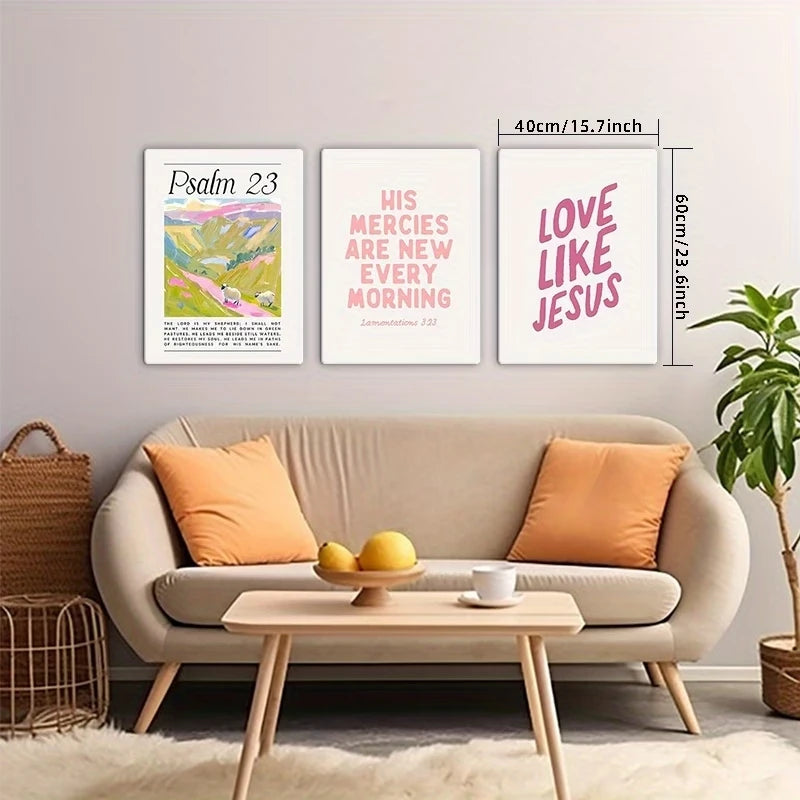 3pcsModern Christian Pink Bible Verse Wall Art Print Canvas Painting Poster Picture For Living Room,Bedroom Home Decor Peaceful Pleasures Health and Wellness