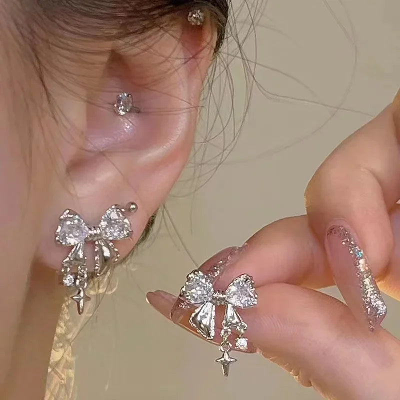 Japanese Korean Style Sweet Bow Zircon Earrings Women Niche Design Premium Jewelry Fashion Temperament Trendy Accessories Gift Peaceful Pleasures Health and Wellness