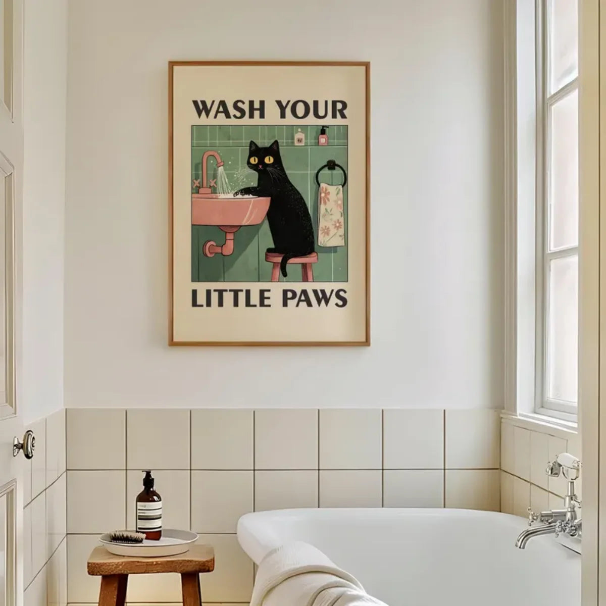 Funny Cat "Wash Your Paws" Canvas Wall Art | Bathroom Decor
