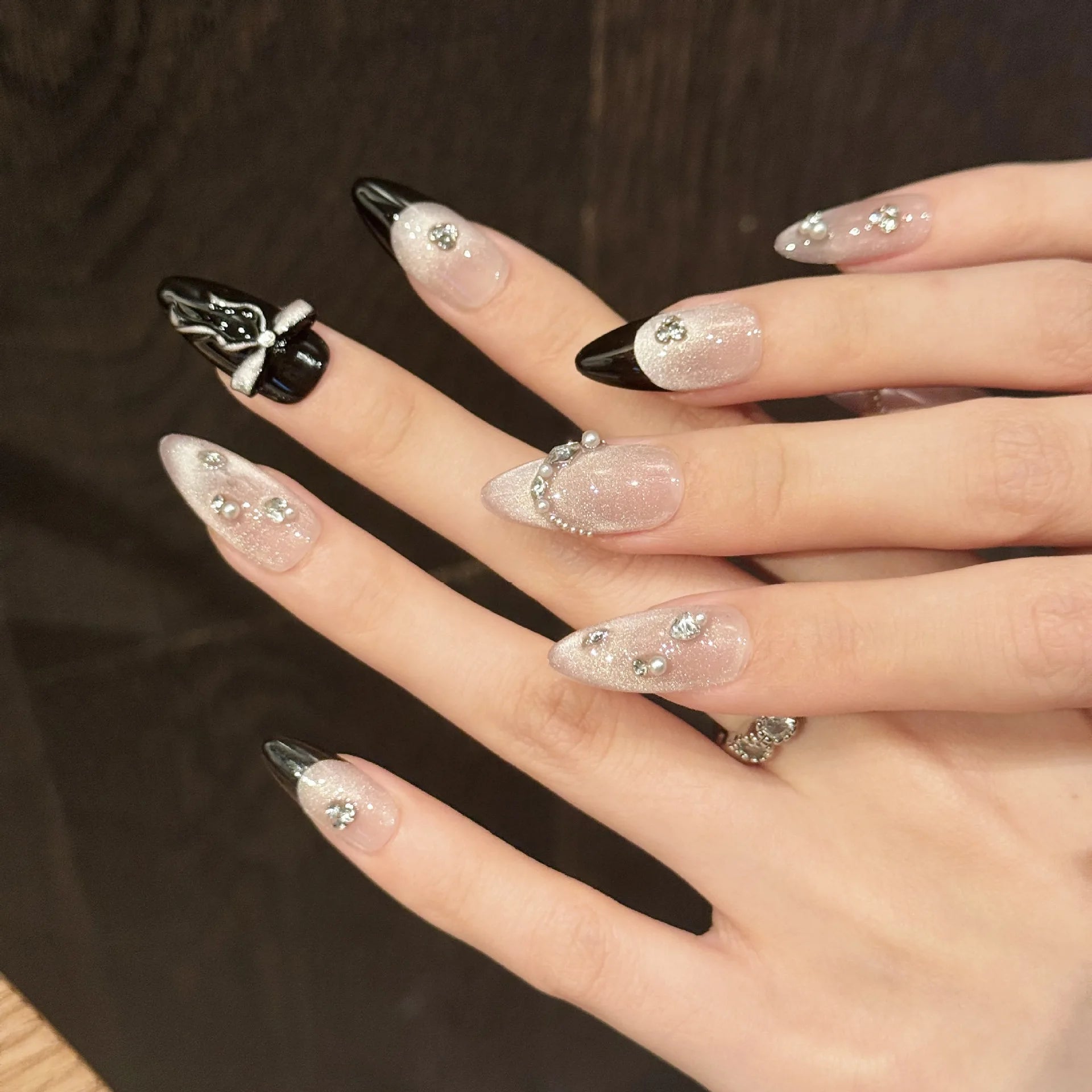 10pcs Handmade Press on Nails Sweet Pink Cat Eye False Nails Wearable Full Cover Black French Bow Design Almond False Nail Tips Peaceful Pleasures Health and Wellness