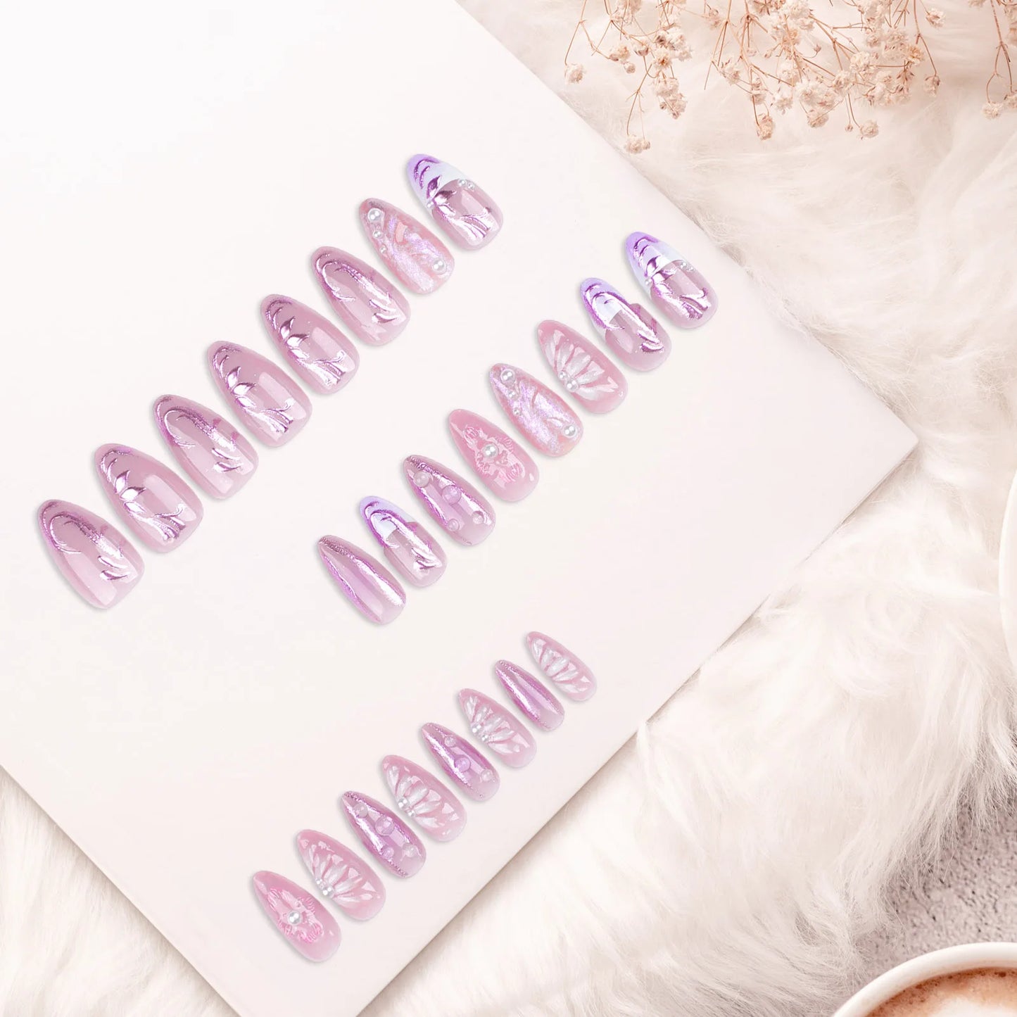24pcs 3D Flower Press On Nails | Purple Aurora Almond Shape