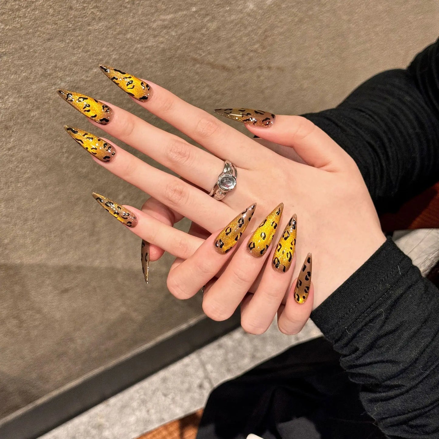 Handmade Press on Nails Leopard Print Cat Eye Fake Nail Tips for Women Girl Wearable Detachable Shiny Long Almond False Nails Peaceful Pleasures Health and Wellness XS