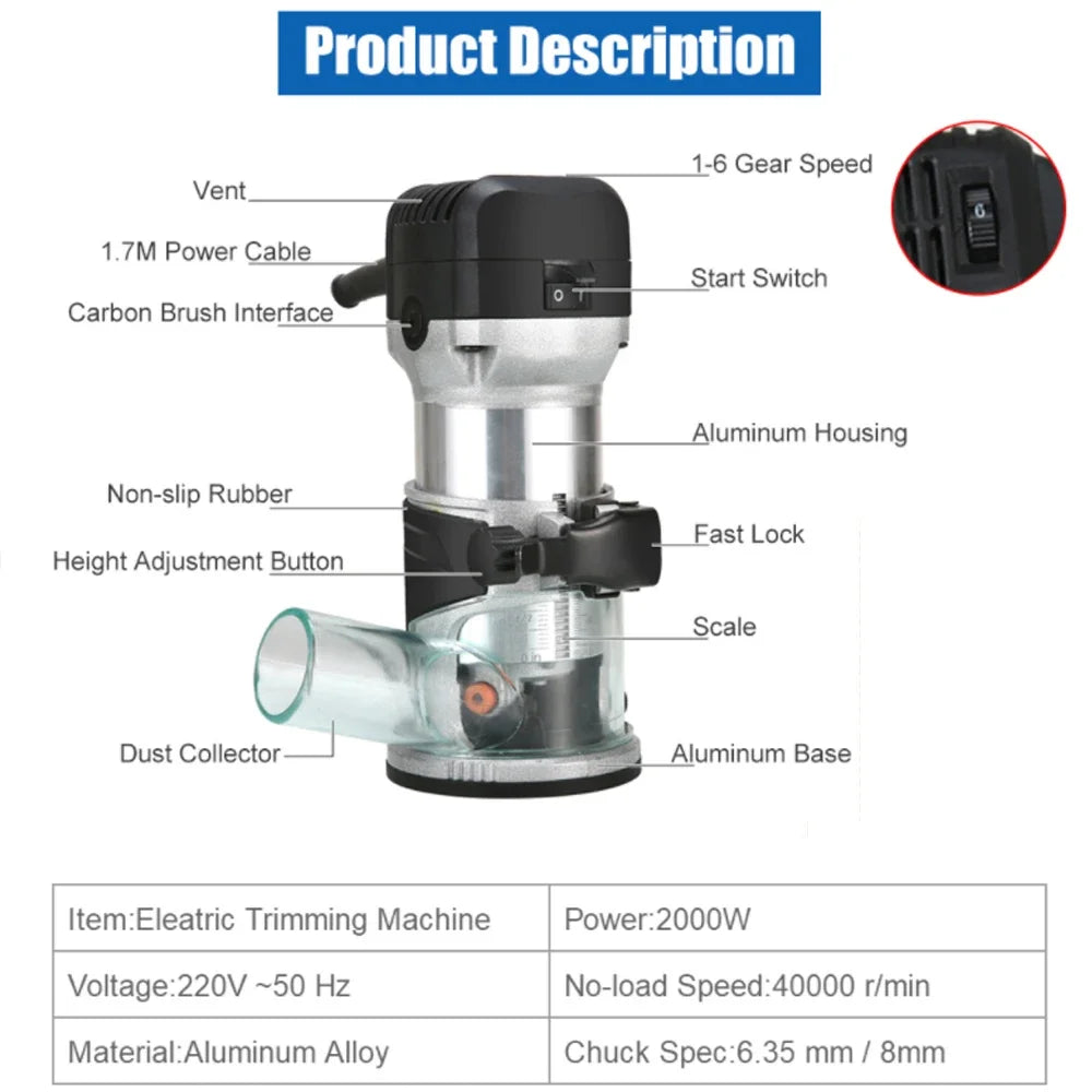 2000W Wood Router Electric Trimmer 220V Woodworking Milling Engraving Slotting Trimming Machine Hand Carving Router Power Tools Peaceful Pleasures Health and Wellness