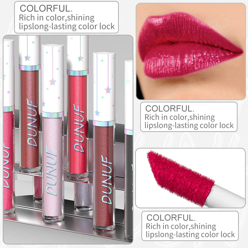12-Color Metallic Glitter Lip Gloss | Diamond Pearlescent Lip Glaze