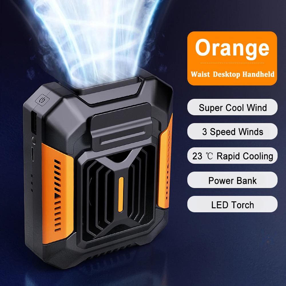 Portable Waist Fan Hanging Neck Fan Rechargeable Air Circulation Fan for Outdoor Sport Mini Bladeless Waist Fan with Power Bank Peaceful Pleasures Health and Wellness Orange