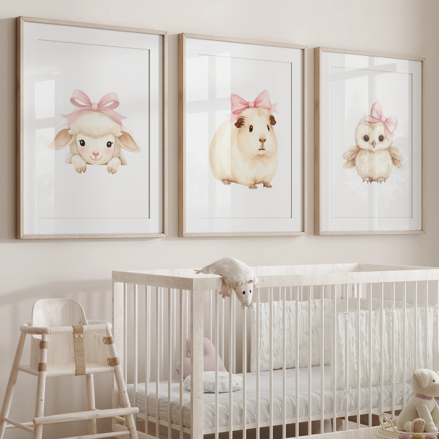 3-Piece Cartoon Animals Pink Bow Canvas Wall Art | Kids Room