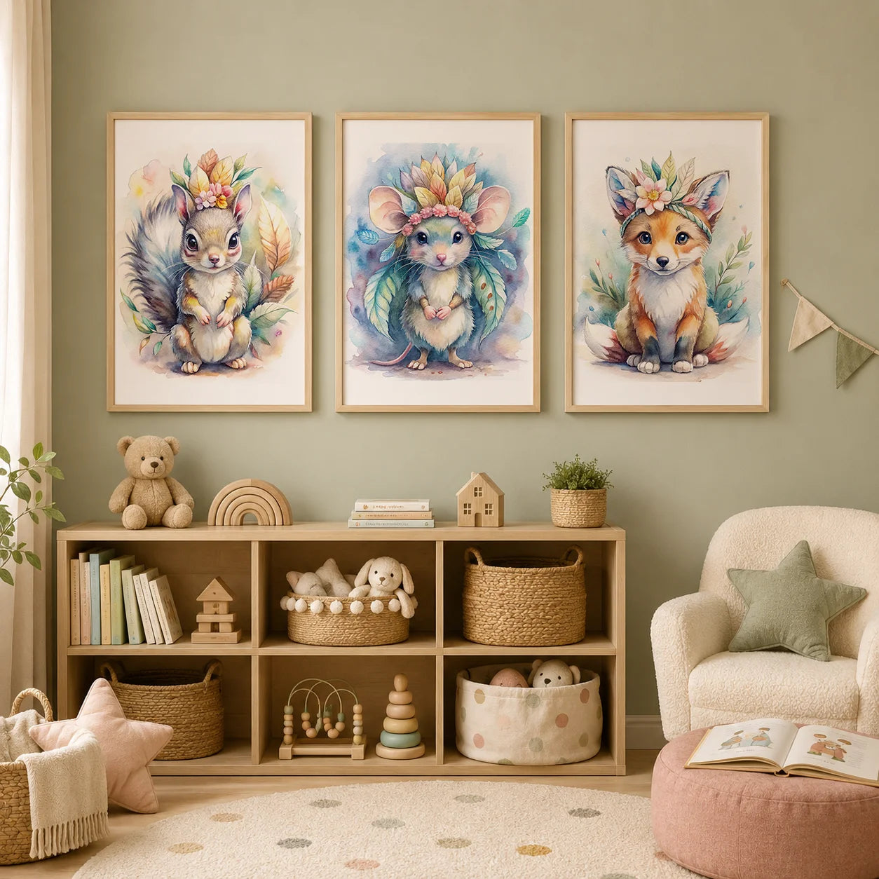 Woodland Animal Floral Wreath Canvas Print | Nursery Wall Art Canvas Wall Art Print Peaceful Pleasures Health and Wellness