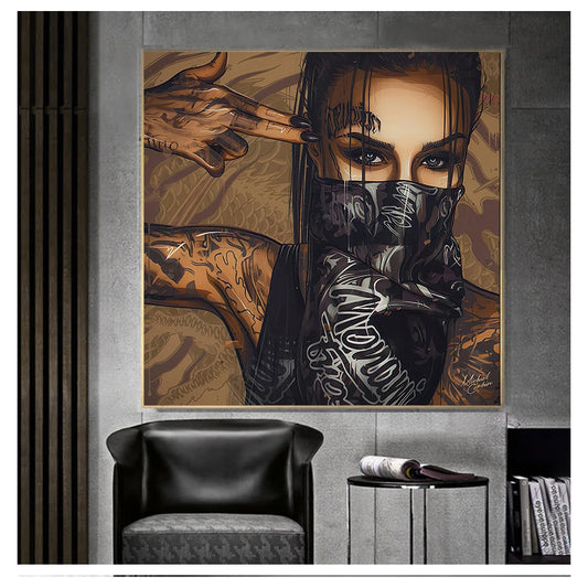 Oil Painting Posters and Prints on Canvas Wall Art Picture for Living Room Cuadros Home Decor Wearing Mask Tattoo Girl Portrait Peaceful Pleasures Health and Wellness