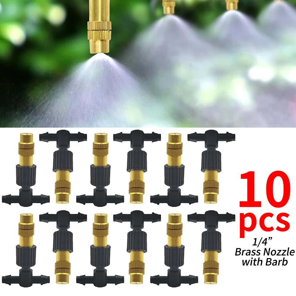 5M-30M Garden Brass Misting Cooling System Irrigation Watering 1/4'' Atomizer Nozzles 4/7mm Hose for Outdoor Greenhouse Pot Peaceful Pleasures Health and Wellness B-10PCS