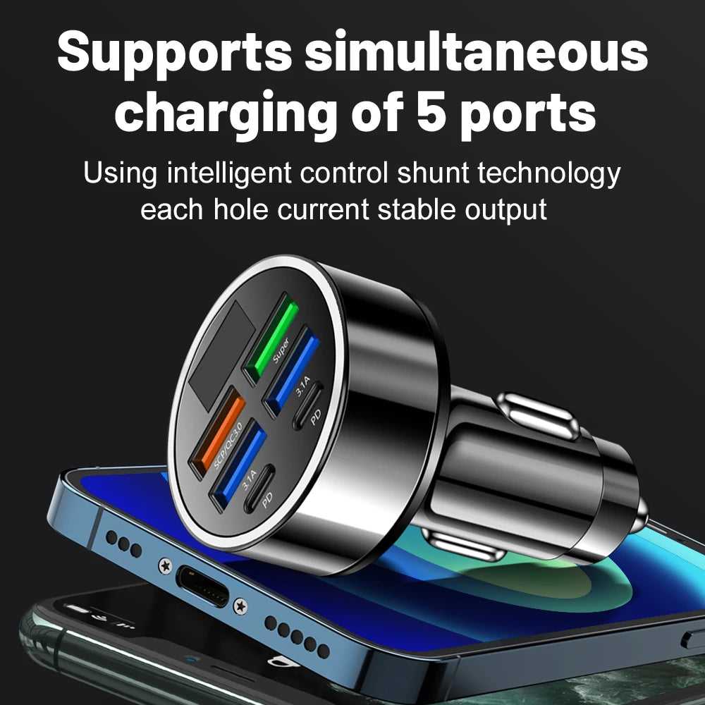 100W 6-in-1 Car Charger PD QC3.0 Fast Charging Adapter 2PD+4USB Digital Display 12-24V For iPhone Samsung Xiaomi Peaceful Pleasures Health and Wellness