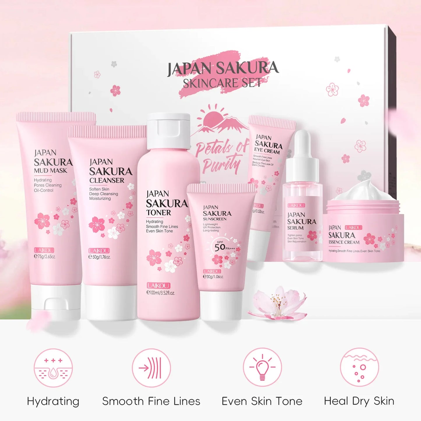 LAIKOU Sakura 7-Piece Skincare Set – Hydrate, Brighten & SPF 50