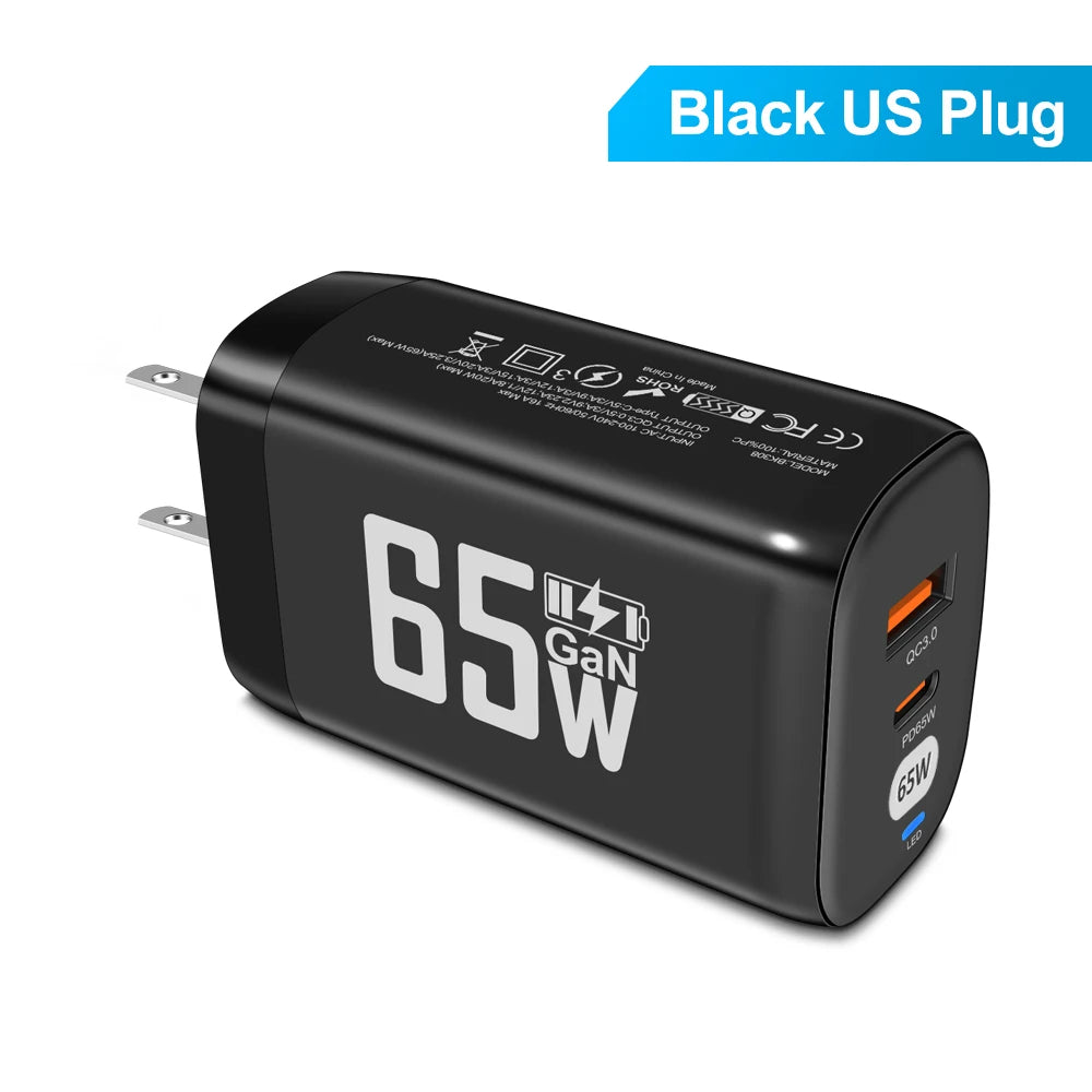 GaN 65W Fast Charger 2-Port PD QC3.0 USB Type C Wall Charger EU Plug Adapter for Laptop iPhone 15 Samsung Xiaomi Peaceful Pleasures Health and Wellness Black US Plug