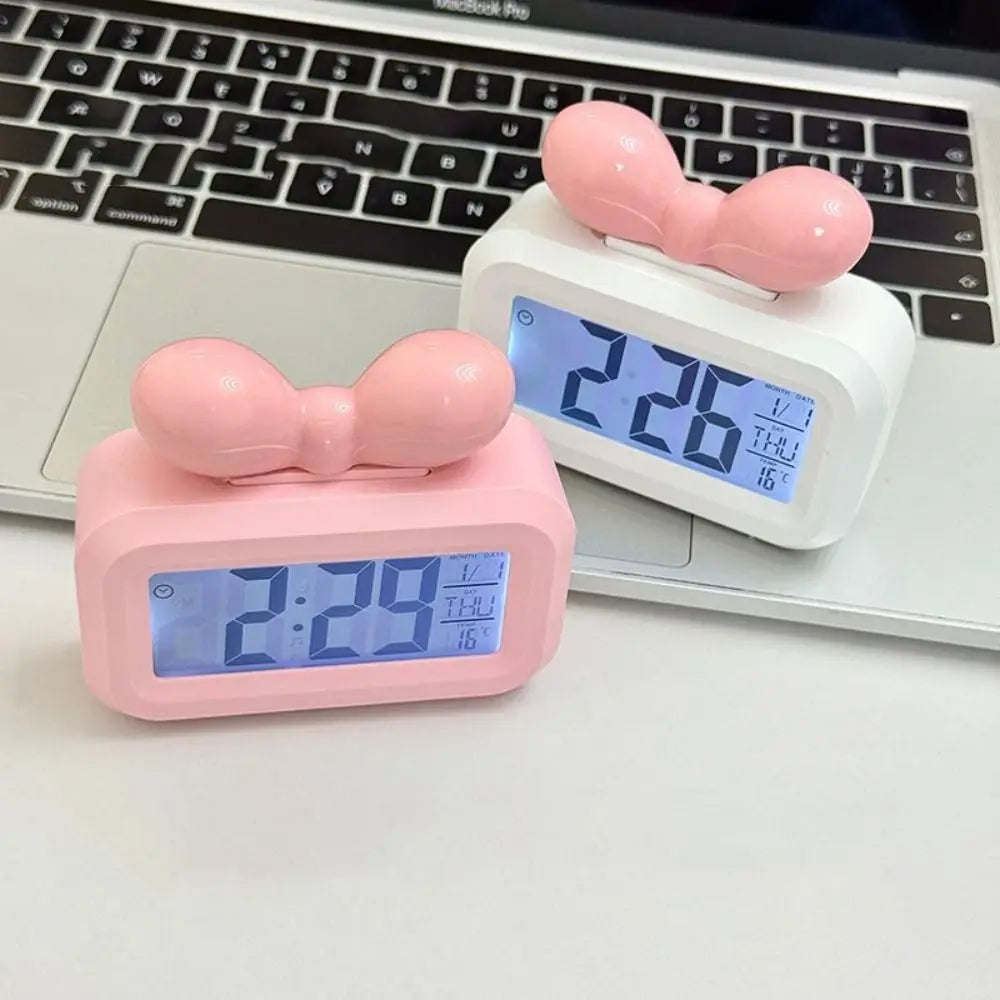 Cute Bowknot LED Digital Clock Temperature Detection Mini Alarm Clock with Night Light Gift Desktop Clock Bedside Decoration Peaceful Pleasures Health and Wellness