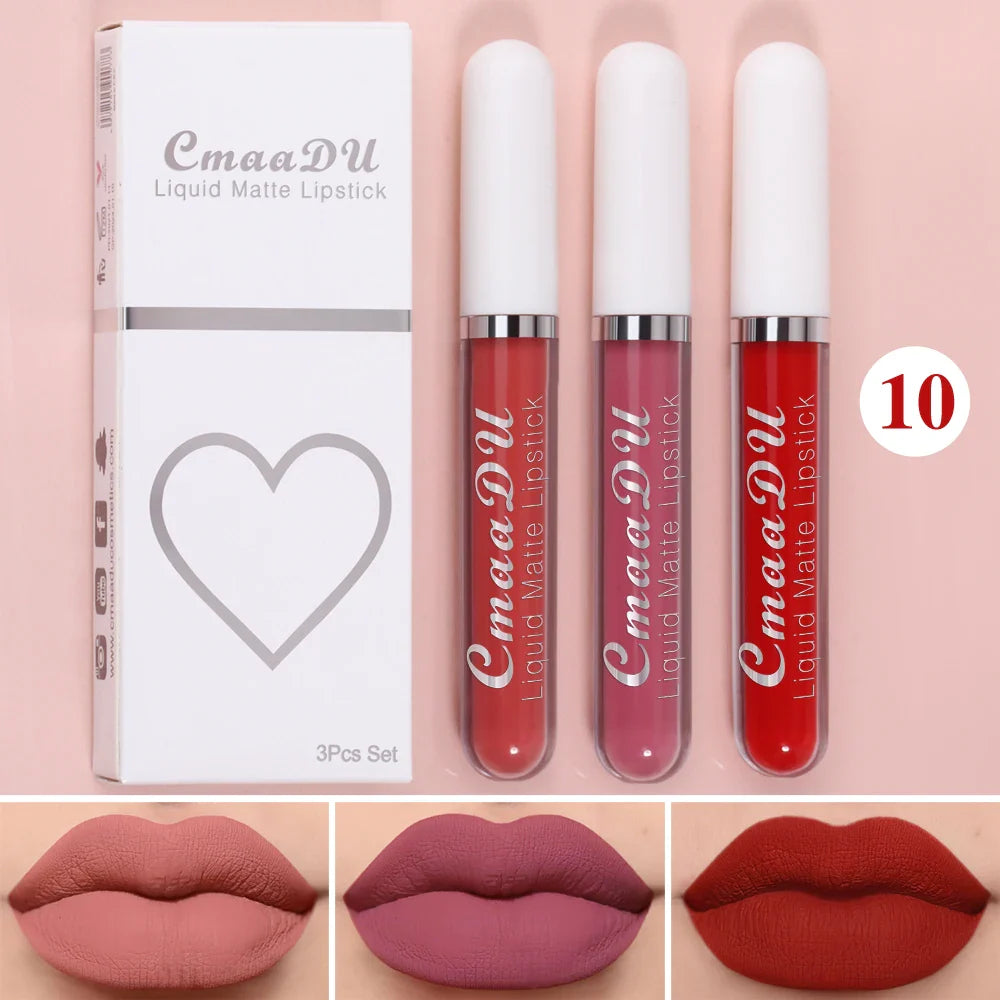 Cmaadu 3-Piece Matte Lipstick Set – Waterproof Long-Lasting